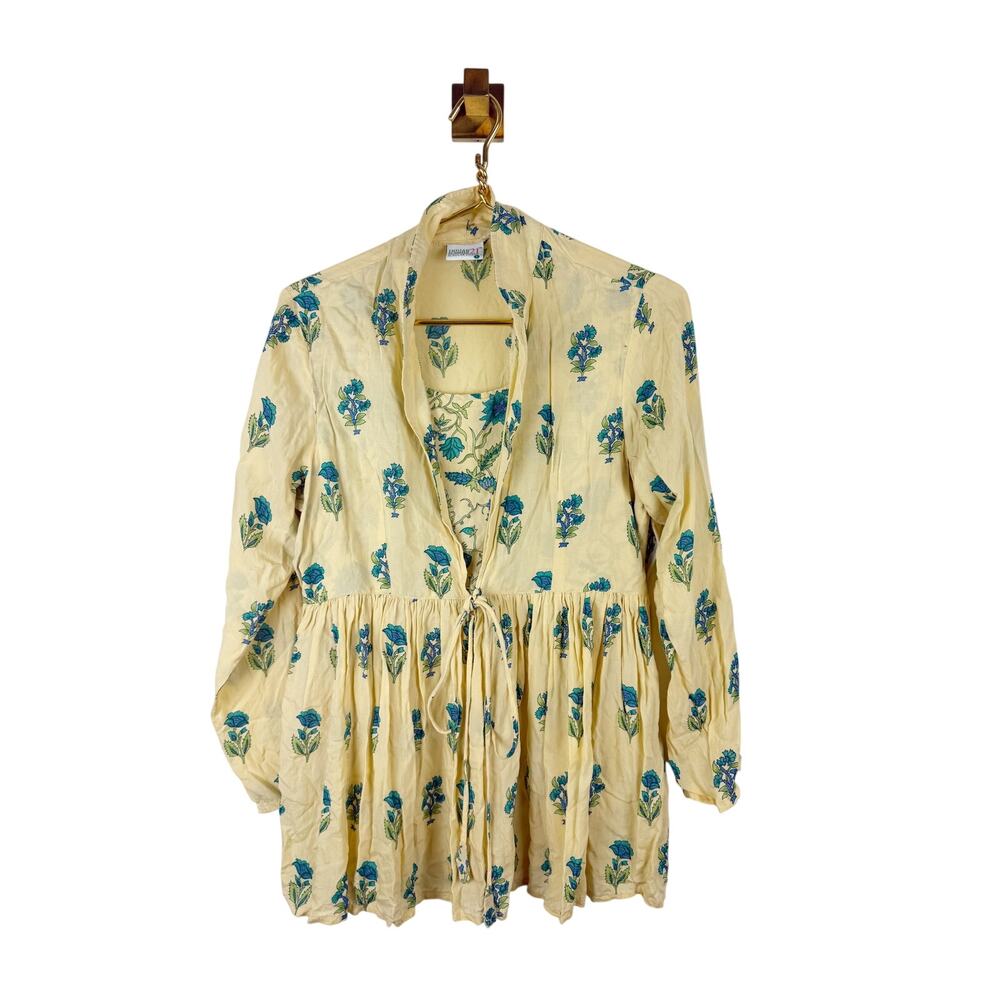 Indian Summer '21 Butter Yellow Block Print Baby Doll Long Sleeve Festival Top L